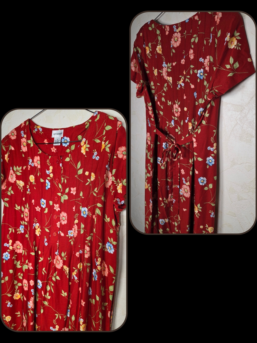 Vintage 90s Liz Baker Red Floral Pleated Cottagecore Midi Dress Tie Back Size L